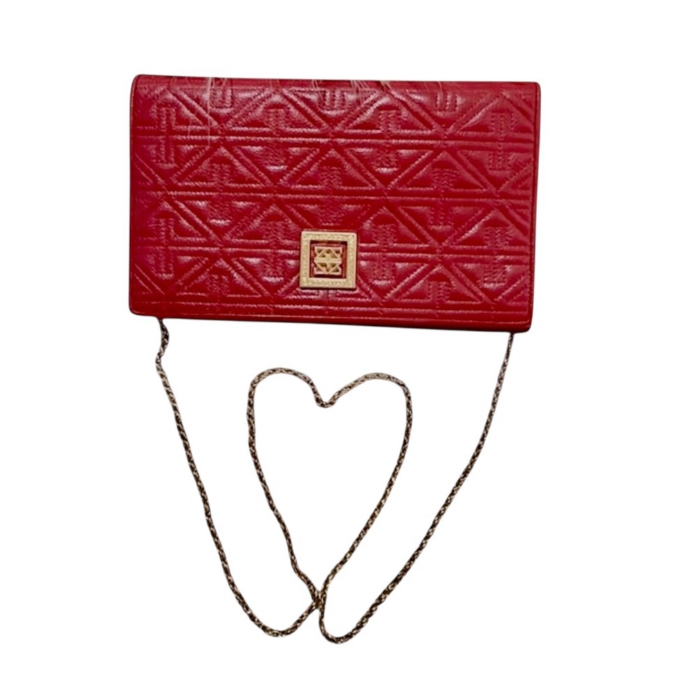 Vintage Gazzomani Red Quilted Leather Clutch Shoulder Bag Purse Wallet